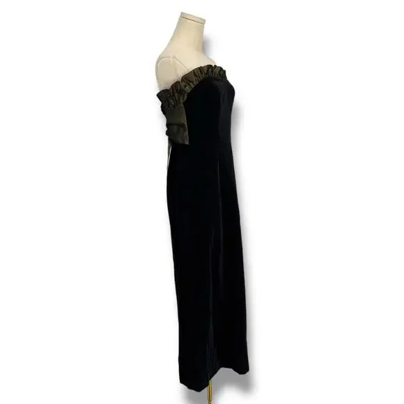 Vintage 1980s Laura Ashley Velvet Strapless Maxi Evening Dress, Gold Ruffle  Trim